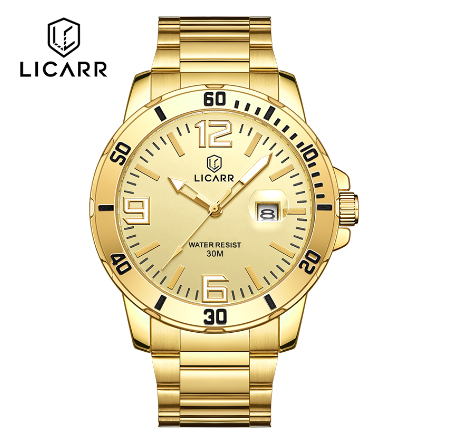 LICARR Top Brand Mens Watches Fashion Quartz Sport Waterproof Date Stainless Steel Clock Male Casual Business Wrist Watch ALL GOLD