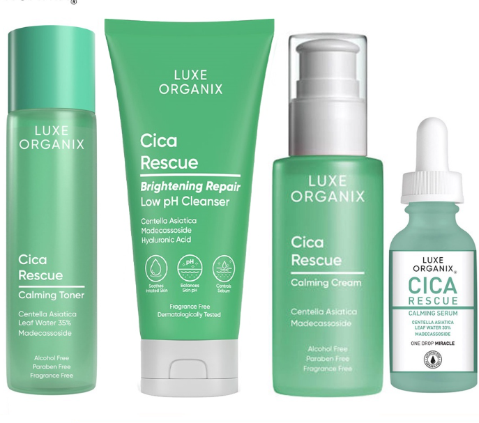 Luxe Organix Cica Rescue Calming Cleanser 150g, Toner 150ml, Serum 30ml, & Cream 80ml Bundle