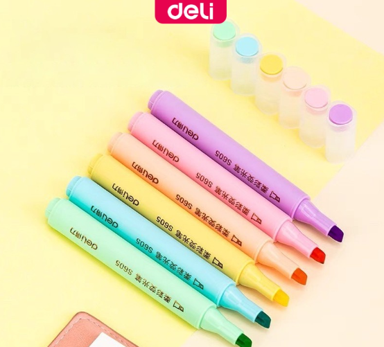 Deli 6Pcs/Set Highlighter Pen Bright Color Pen Pastel Marker Student School Supplies S605