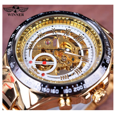 WINNER Automatic watch men Gold Luxury Stainless Steel Skeleton Mechanical Watches waterproof Luminous Watch 2