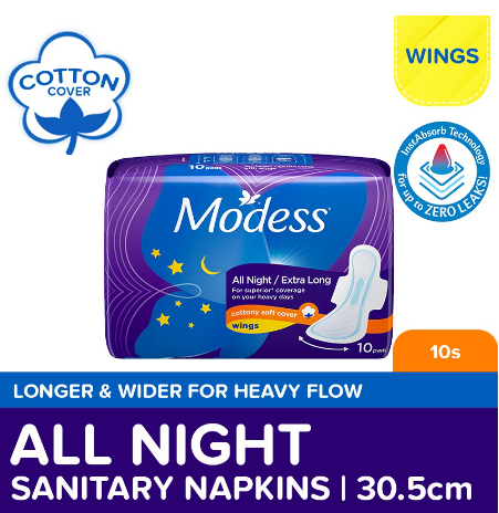 Modess All Night Extra Long with Wings Sanitary Napkin 10s - Heavy Flow, Fast Absorbing Against Leaks