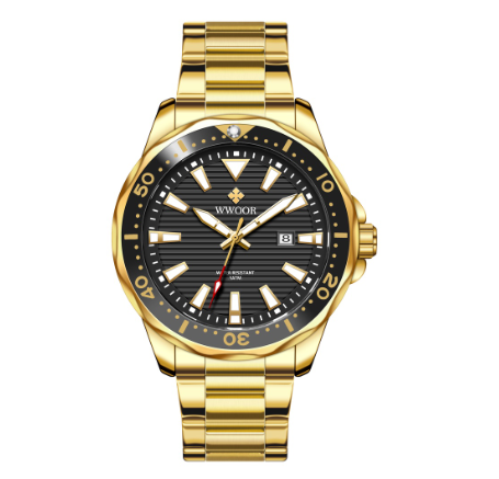 Wwoor Watch For Men Original Quartz Wristwatch Luxury Waterproof Stainless Steel Watch BLACK DIAL GOLD TRAP