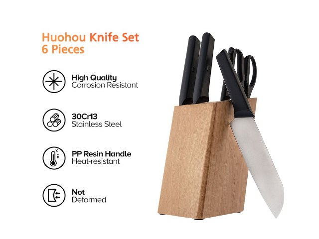 Huohou 6 Pieces Stainless Steel Kitchen Knives Cooking Set with Knife Holder Rack