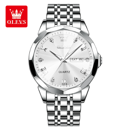 Olevs Original Watch For Men Water Proof Stainless Steel Business Fashion Relo Quartz Analog Calendar Luminous Wrist  Watch WHITE DIAL SILVER STRAP