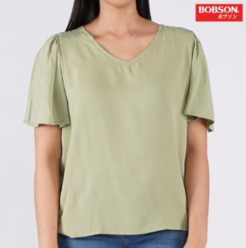 Bobson Japanese Ladies Basic Plain Woven Shirt for Women Trendy Relaxed Fit 129036 Mist Green
