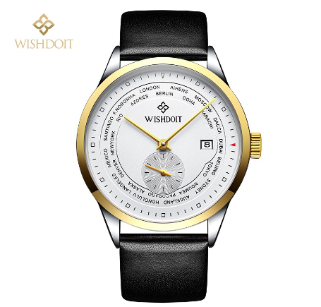 WISHDOIT Watch For Men Original Waterproof Leather Strap Business Fashion Luminous Automatic Mechanical Wristwatch WHITE GOLD