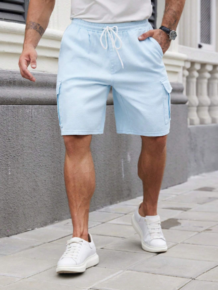 Manfinity LEGND Men's Drawstring Waist Workwear Style Denim Shorts With Pockets, Casual