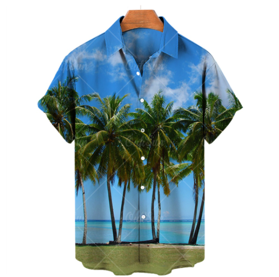 Maldivian Holiday Summer Beach Party Men's Short Sleeved Shirt Beautiful Beach Coconut Tree Pattern, Suitable For 18-28 Years Old Young People Who Like Travel Parties