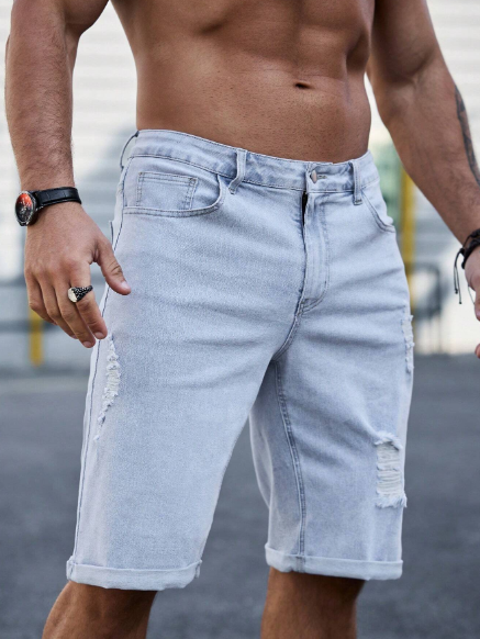 SHEIN Manfinity Homme Men's Frayed Water Wash Denim Shorts