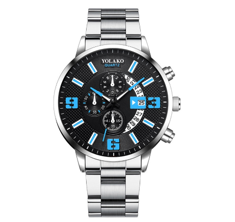 YOLAKO Stainless Steel Men's Quartz Sport Waterproof Watch Men Relo Watch STEEL SILVER BLUE