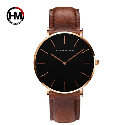 Hannah Martin Casual Watch Men Sports Quartz Wristwatch Waterproof Leather Wrist Watch BROWN GOLD BLACK