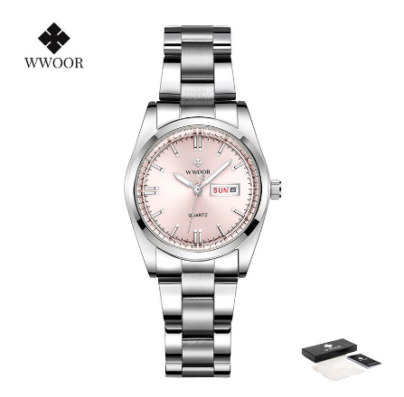 Wwoor Women Watches Stainless Steel Quartz Wrist Watch Creative Design Ladies Clock Female Watch PINK DIAL SILVER CASE STRAP
