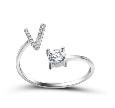 Silver A-Z Letters Ring for Women Cubic Zirconia Initial Letter Ring Fashion Jewelry Gift Adjustable V