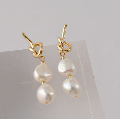 Natural baroque pearls cool style  earrings retro long knotted thin Earrings
