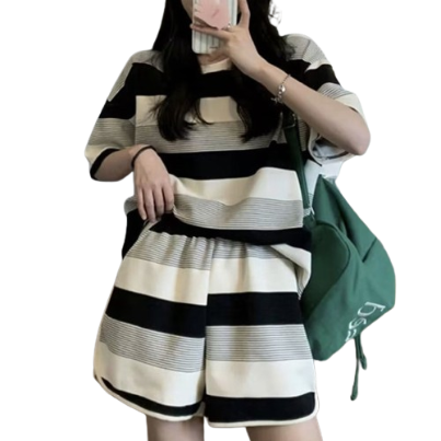 Lovito Women Contrast Binding Colorblock Pajama Sets LNA18008 (Black and White)