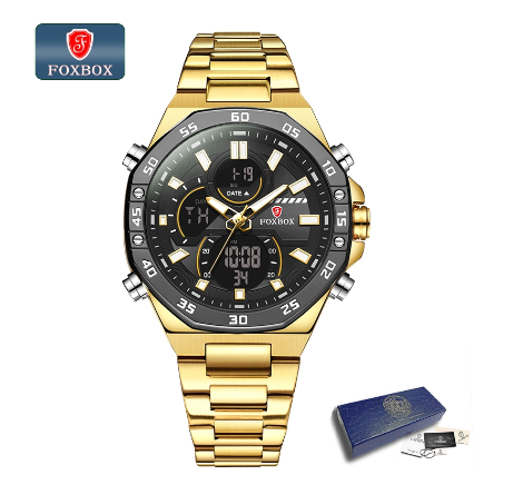 FOXBOX Luxury Men Digital Watch Fashion All Steel Dual Display Watch For Men Casual Waterproof Sports Chronograph Wristwatch GOLD BLACK