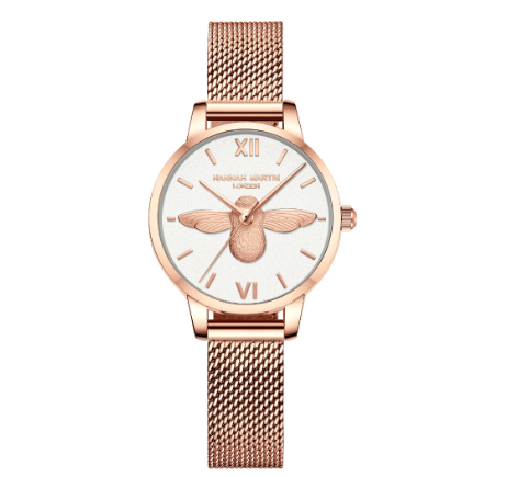 Hannah Martin Women Watches Japan Quartz Movement Watch 3D Bee Dial Stainless Steel Waterproof Wristwatch WHITE