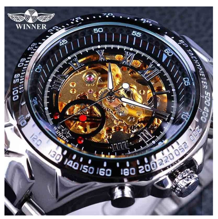 WINNER Automatic watch men Gold Luxury Stainless Steel Skeleton Mechanical Watches waterproof Luminous Watch 1