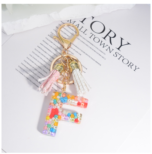 Colorful Beades Filled A-Z 26 Letter Keychains For Women Fashion Initials Keyring With Tassel Bag Pendant Accessories Souvenir F