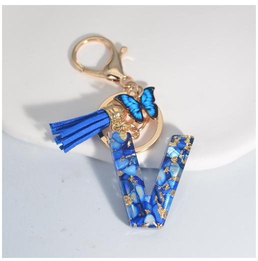 Fashion Butterfly 26 Initials Keychain Exquisite Blue Stone Filled Letter Keyrings Exquisite Alphabet Pendant Bag Ornament Gifts V