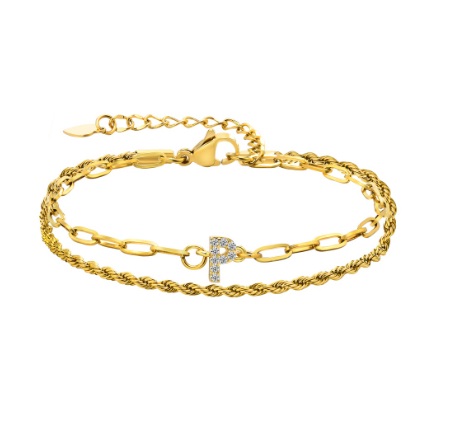 Vnox Letter Double Layer Braelet,18K Gold Fried Twistsed Paper Clip Zirconia Initial Stainless Steel Chain Link for Women P