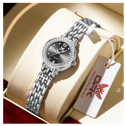 OPK Watch For Woman Waterproof Original Quartz Relo Stainless Steel Diamond Watch BLACK DIAL SILVER STRAP