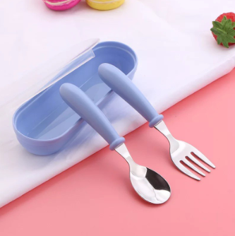 Bollie Baby Plain Stainless Steel Spoon and Fork Set with Case(Training Spoon for Toddlers) BPA Free