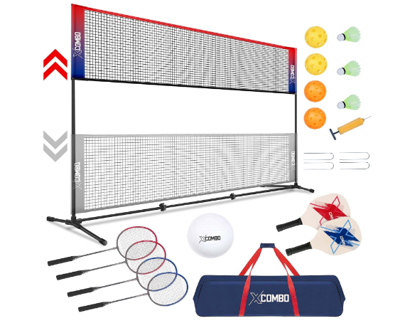 10ft Badminton Pickleball Kids Volleyball Sets with Net for Backyards Adjustable Height (7ft Max Height) Freestanding 3 in 1 Combo Rackets Set Portable Outdoor Driveway