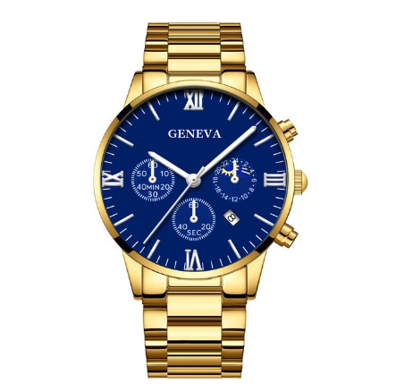 GENEVA High Quality Luxury Silver Mens Full Steel Business Quartz Wacthes Mens Original Waterproof Fashion Wristwatch Men Watch Relo GOLD BLUE