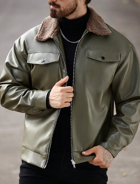 Manfinity Homme Men`S Zip-Up Long Sleeve Faux Leather Fashion Motorcycle Jacket & Coat,Men Jacket,Winter Jacket,Fall Men Clothes,PU