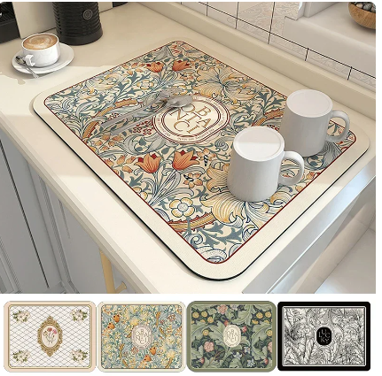Printed Dish Drying Mat Super Absorbent Coffee Drain Pad Tableware Draining Pad Quick Dry Rug Kitchen Dinnerware Placemat