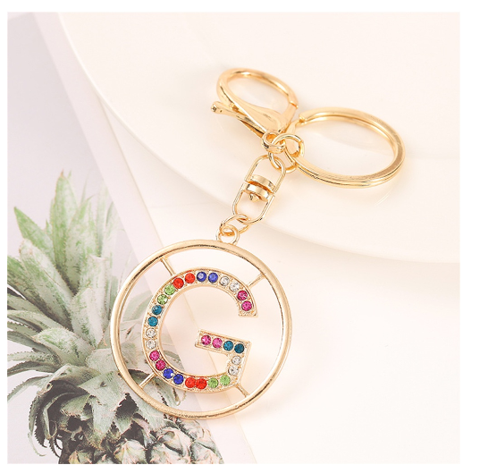 Colorful Rhinestone A-Z Letter Keychain Hollow Round Initials Alloy Keyring Bag Pendant Ornament DIY Accessories Charms Gift G