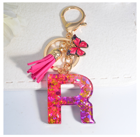 Fashion Gradient A-Z Letter Keychains Sweet Butterfly Tassels Pendant Alphabet Keyrings Name Initials Key Chains Accessories R