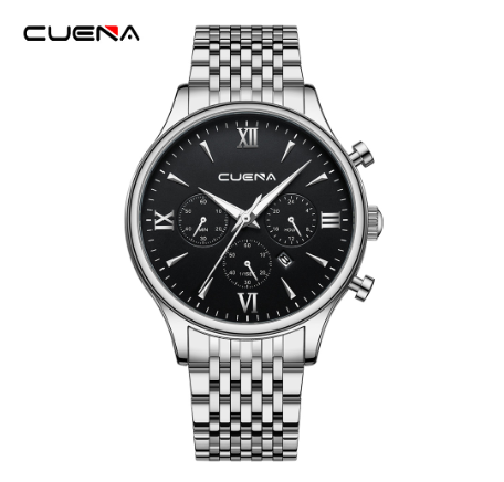 CUENA men's watch original brand luxury business simple quartz waterproof Watch SILVER BLACK