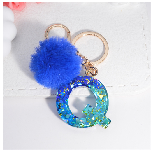 Exquisite Blue Pompom A-Z 26 Letter Keychain Glitter Heart Sequin Filled Initials Keyrings Bag Accessories Charm Car Keyholder Q