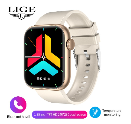 LIGE HD Screen Smart Watch 100+ Sport Modes Thermometer Fitness Health Heart Rate Monitor 1.85 inch Bluetooth Call Digital QX7 Watch SILICONE WHITE