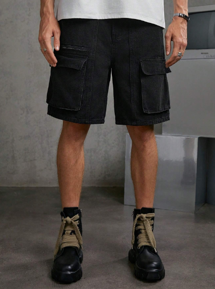 Manfinity Hypemode Men's Solid Color Cargo Denim Shorts