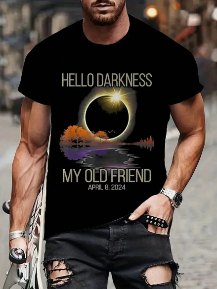 Plus Size, Summer Men's "Hello Darkness My Old Friend" Graphic Print T-Shirt, Street Style Cool Short Sleeve Tees For Big & Tall Males