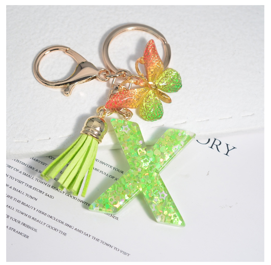 Glitter Green 26 Letter Resin Keychain Fashion Sequin Filled A-Z Alphabet Keyrings For Women Car Key Holder Accessories Souvenir X