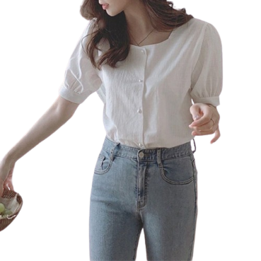 Lovito Casual Plain Button Front Squared Neck Blouse for Women LNA04158 (White)
