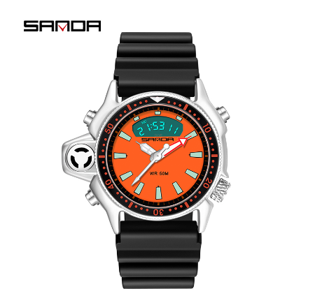 Sanda Waterproof Men Watch Sports Multifunctional Digital Dual Display Mens Watch BLACK ORANGE
