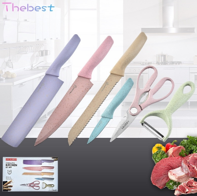 Kitchen Knife Set 6 PCS Pastel Colors Stainless Steel Chef Knife Bread Knife Cleaver Scissors