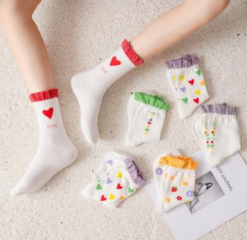 Sweet Cute Love Heart Print Ruffles Girls Short Socks Fashion Floral Lolita Princess Cotton Socks Women White Socks