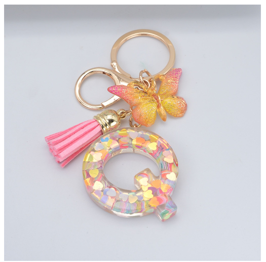 Exquisite 26 Letter Resin Keychain with Pink Tassel Gradient Butterfly Pendant Key Ring Women Bag Ornaments Accessories Q