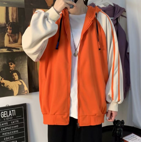 Trendy Autumn Orange Hooded Zipper Fleece Lining Sweatshirt Jacket Men's Loose Contrast Color Striped St