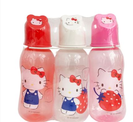 Hello Kitty F. Bottle 12oz/360ml Reg. Neck w/Characterhood & Silicone Nipple 3pcs/pk
