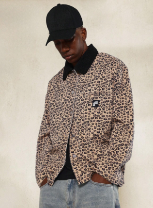 SUMWON Leopard Longline Print Twill Denim Worker Jacket With Corduroy Collar