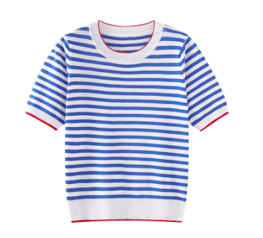 Striped Knitted Blouse Plus Size Women's Ice Silk Loose Striped Round Neck Short Sleeve T-Shirt
