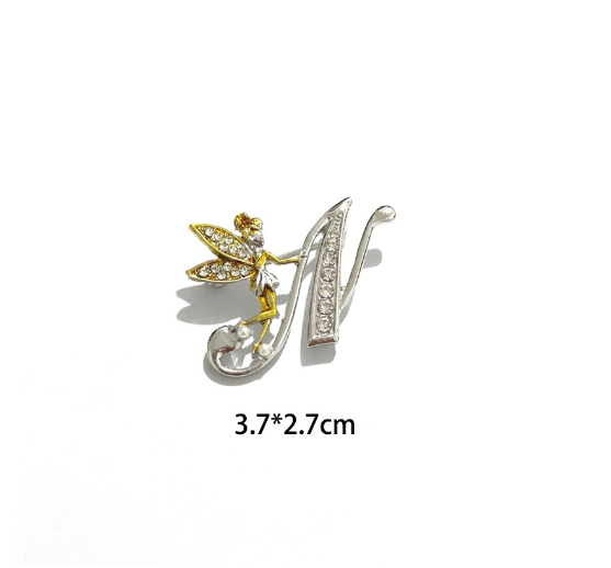 Luxury Crystal Angel Letter Brooch Women Men Rhinestones A To Z Elf Initials Collar Pins Party Gifts Jewelry N