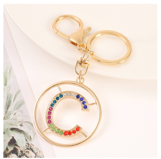 Colorful Rhinestone A-Z Letter Keychain Hollow Round Initials Alloy Keyring Bag Pendant Ornament DIY Accessories Charms Gift C